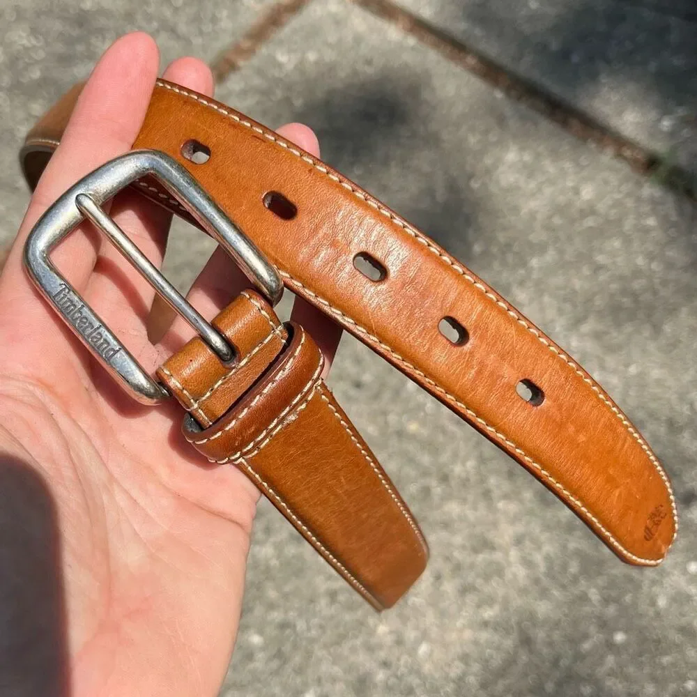 Timberland Tan Leather Belt Sz 34/85 Logo Buckle Contrast Stitching Unisex